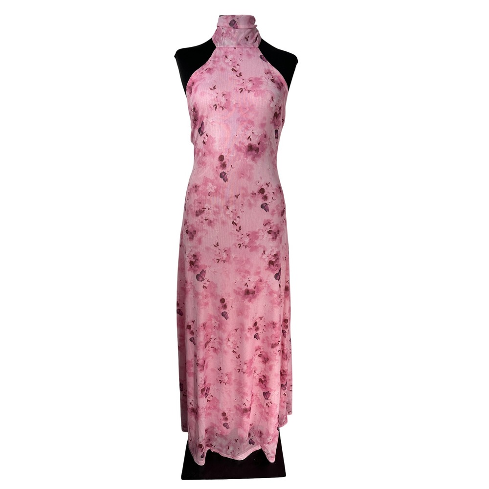 SHEIN Pink‎ Floral Butterfly Mesh Halter Maxi Dress Romantic Y2K Gown Medium